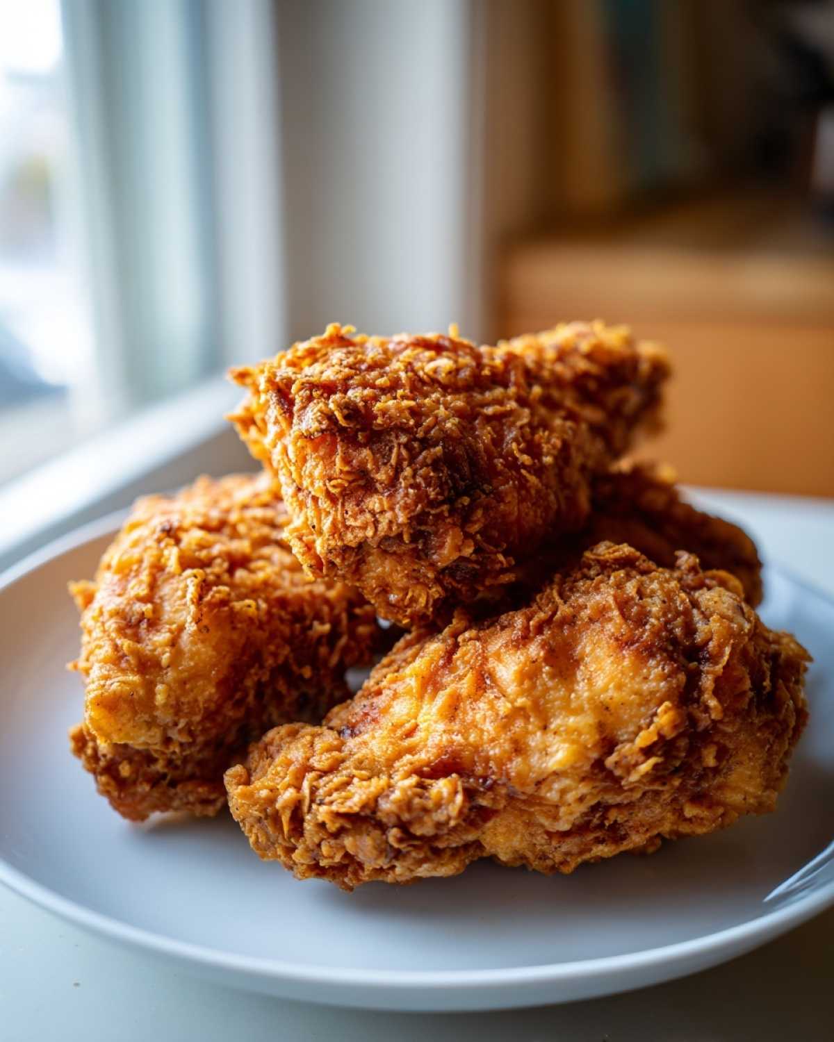 Four pieces of golden brown, crispy air fryer fried chicken stacked on a white plate near a window.