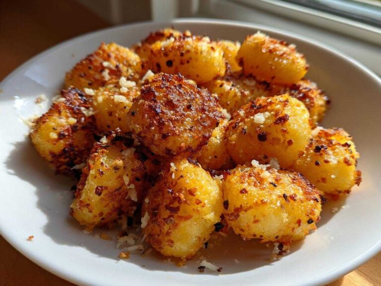 Close-up of crispy, golden brown air fryer gnocchi sprinkled with grated cheese in a white bowl.