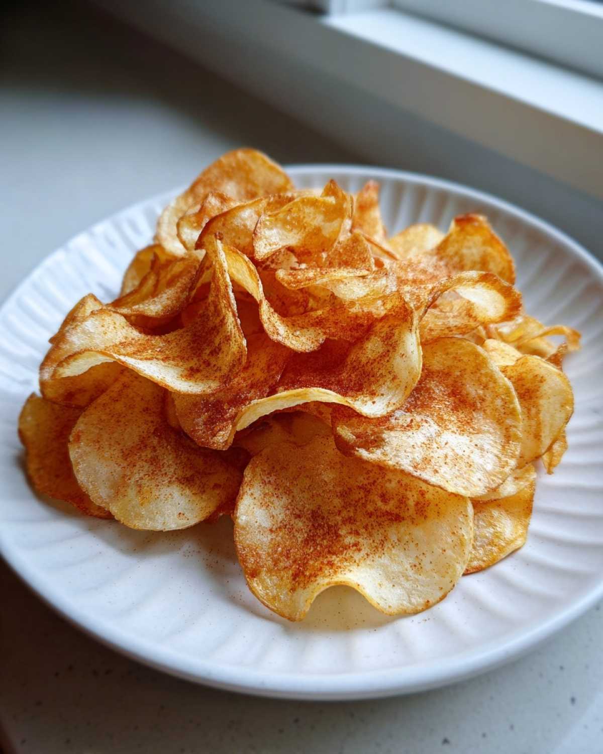 A pile of golden, crispy homemade potato chips dusted with paprika or seasoning on a white plate.
