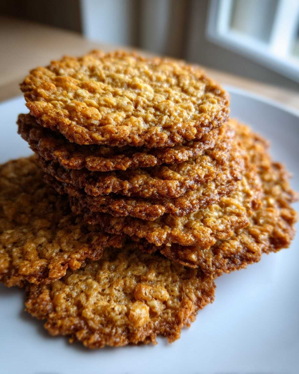 A stack of golden brown, crispy oatmeal lace cookies piled on a white plate.
