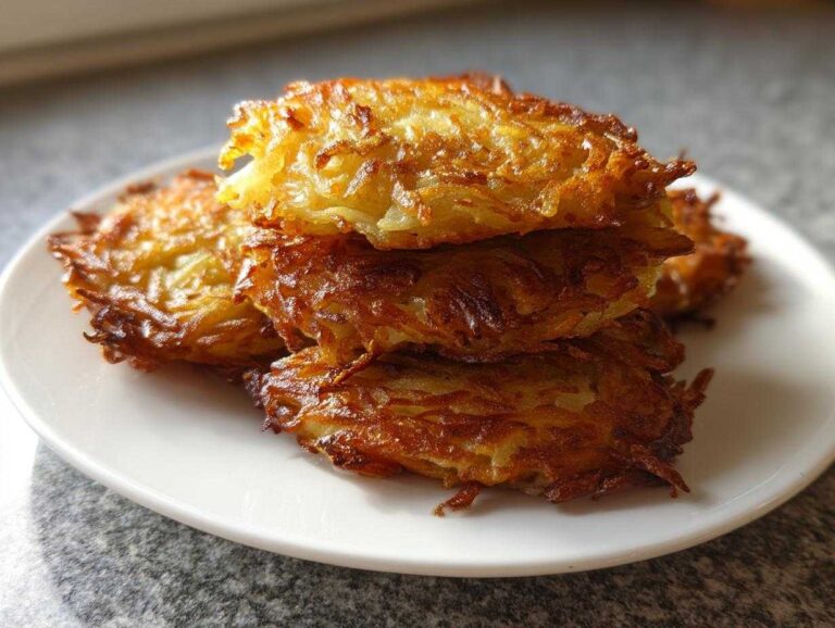 A stack of golden brown, crispy potato latkes piled high on a white plate.