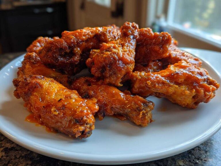 A close-up of several crispy, sauce-coated buffalo wings piled high on a white plate.