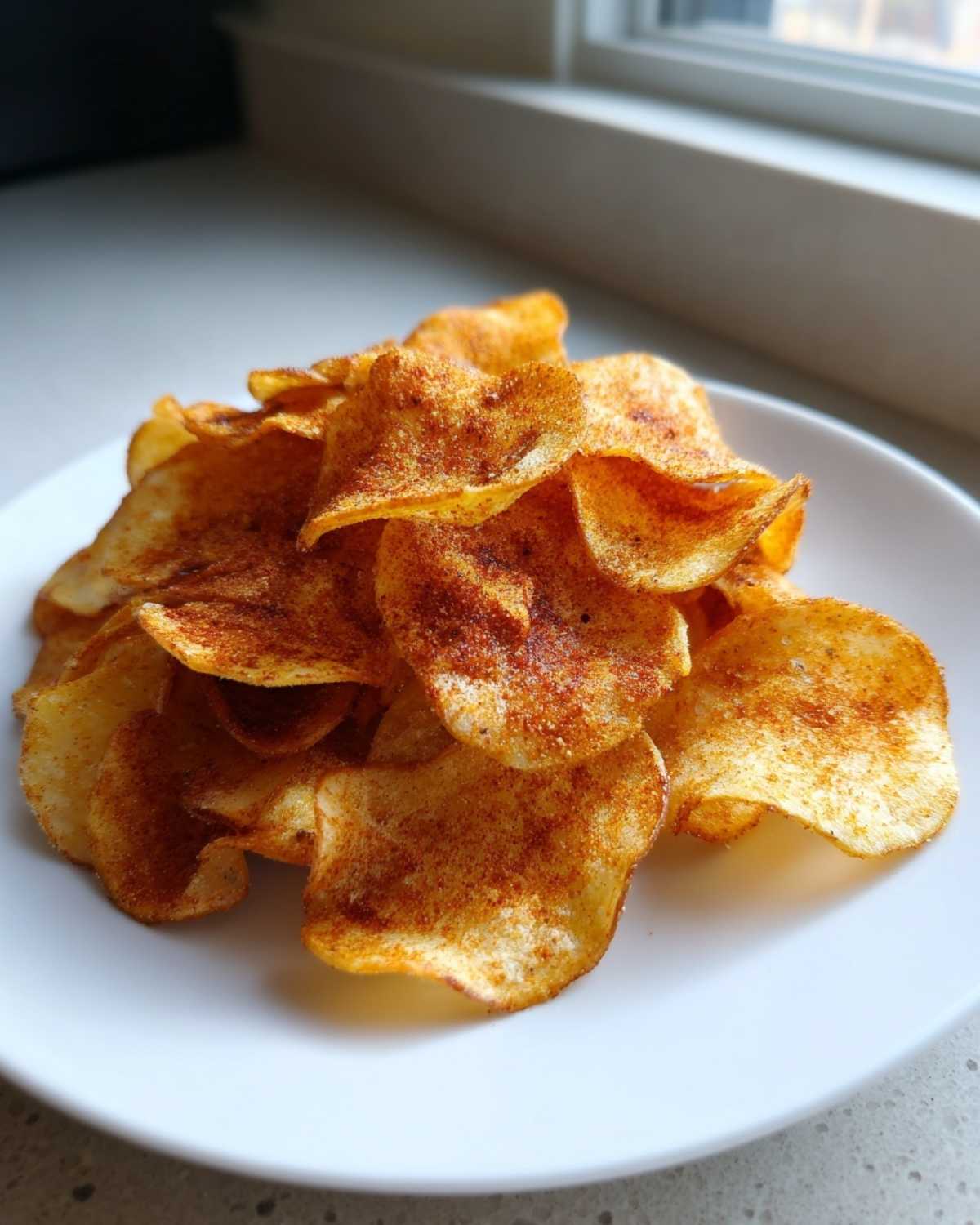 A pile of homemade, crispy potato chips seasoned with paprika on a white plate.