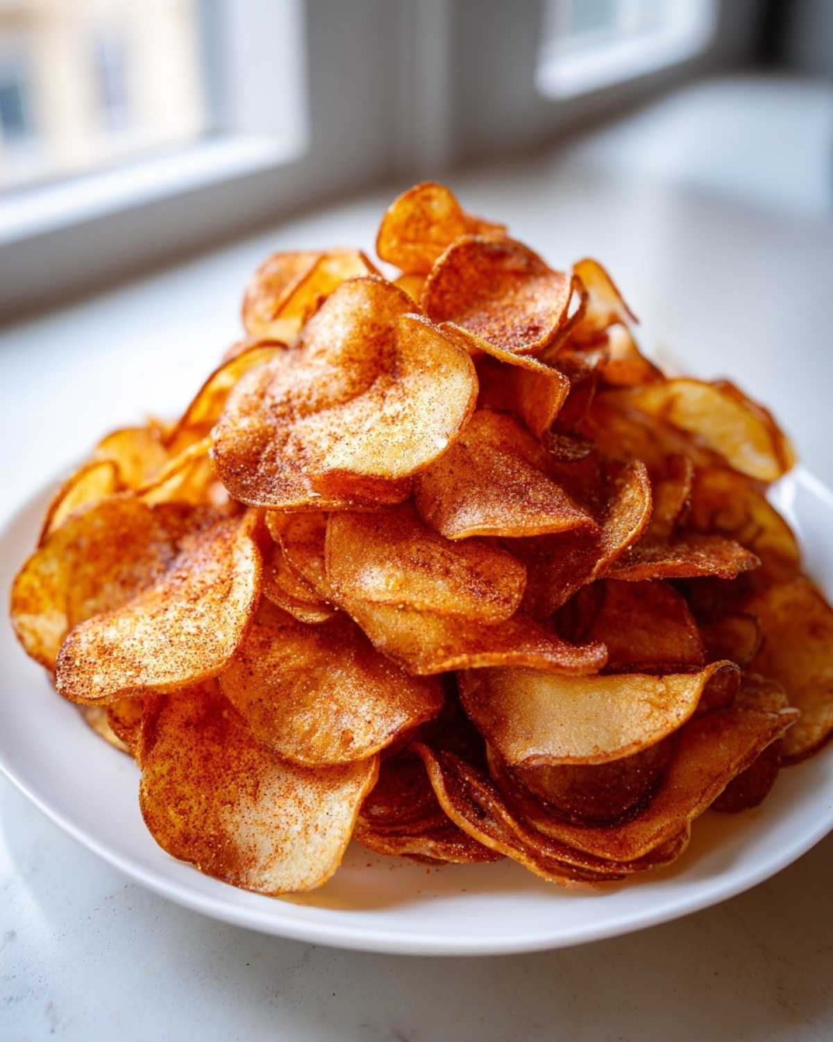 A tall pile of homemade, crispy, seasoned potato chips stacked high on a white plate.