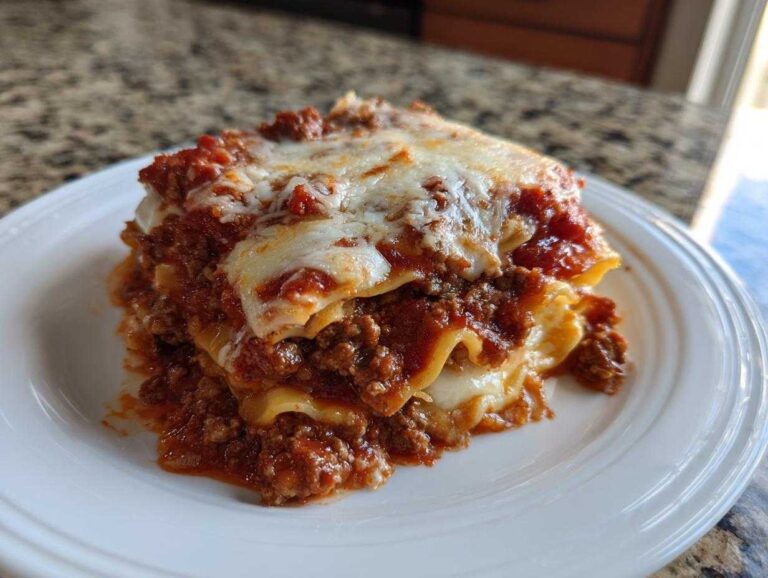 A generous slice of crockpot ravioli lasagna layered with meat sauce and topped with melted mozzarella cheese, served on a white plate.