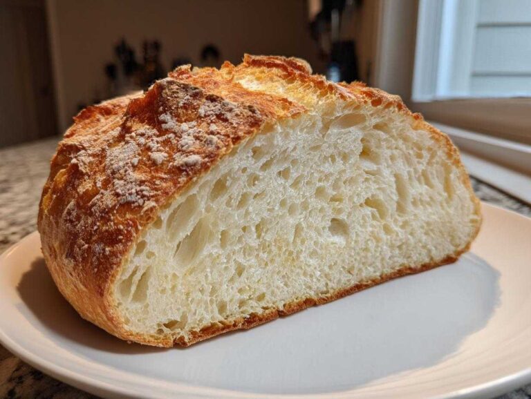 A beautiful cross-section showing the airy, open crumb structure of homemade crusty italian bread.