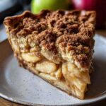 A close-up slice of Dutch apple pie recipe featuring thick apple filling and a rich, brown crumb topping.