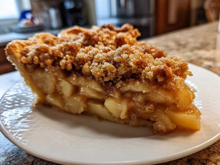 Close-up of a thick slice of dutch apple pie recipe showing tender apples and a thick, sugary crumb topping.