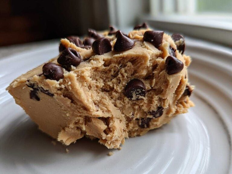 Close-up of a scoop of edible chocolate chip cookie dough recipe on a white plate.