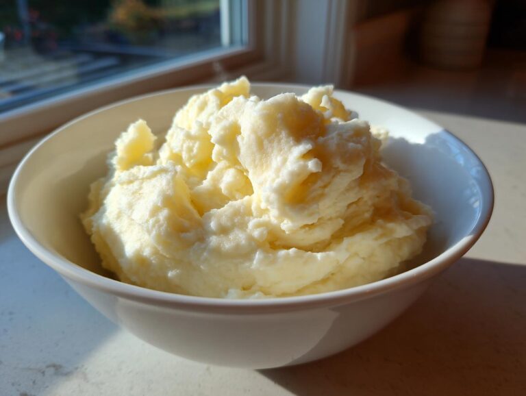 A white bowl filled with fluffy, creamy mashed potatoes sits near a sunlit window.