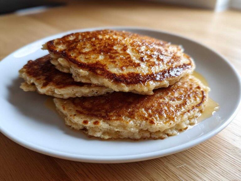 A stack of three golden brown oatmeal pancakes drizzled with syrup on a white plate.