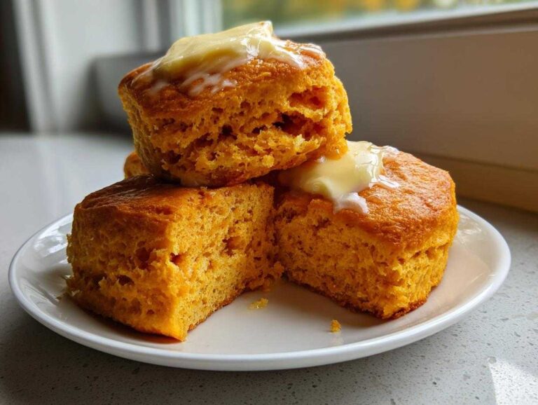 A stack of three fluffy, orange sweet potato biscuits topped with melting butter on a white plate.
