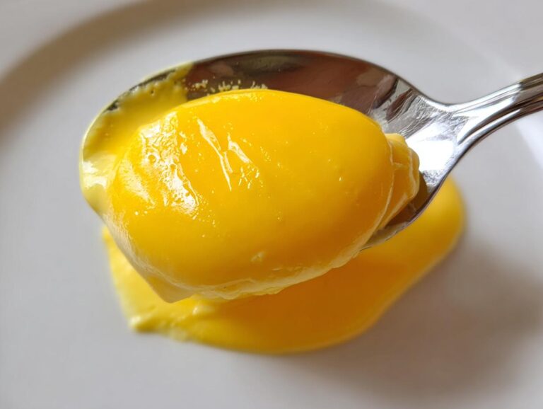 Close-up of a spoonful of rich, bright yellow hollandaise sauce showing its smooth, thick consistency.