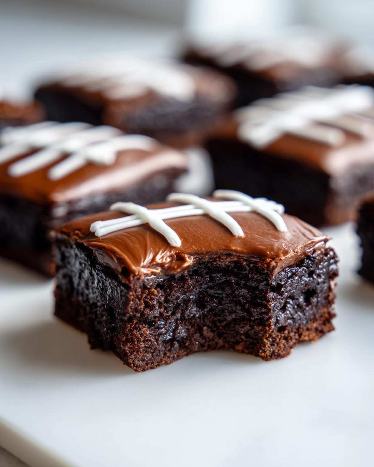 A close-up of one of the football brownies with a bite taken out, showing the fudgy interior and chocolate frosting.