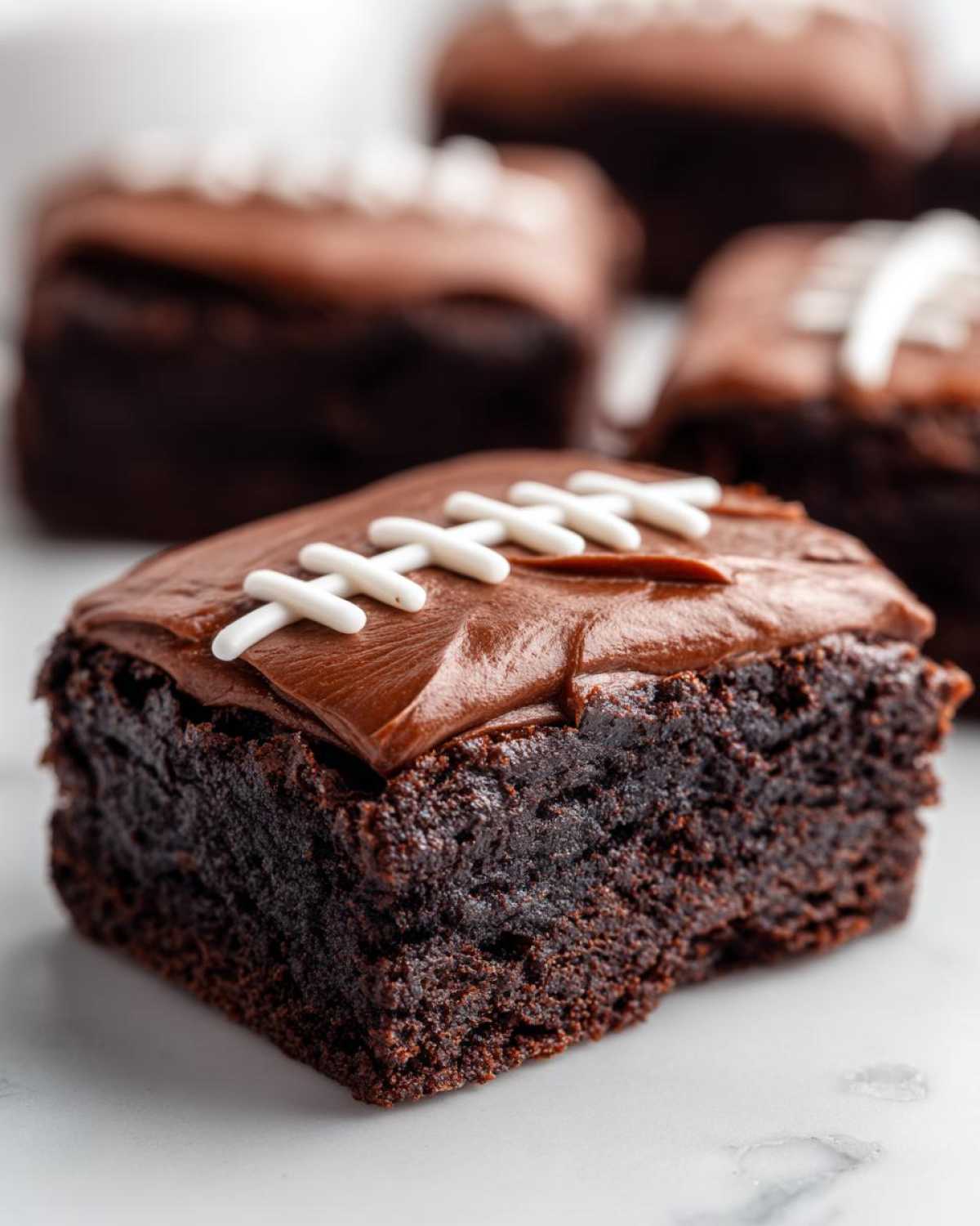A close-up of a rich, dark chocolate brownie square decorated as a football brownie with white icing laces.