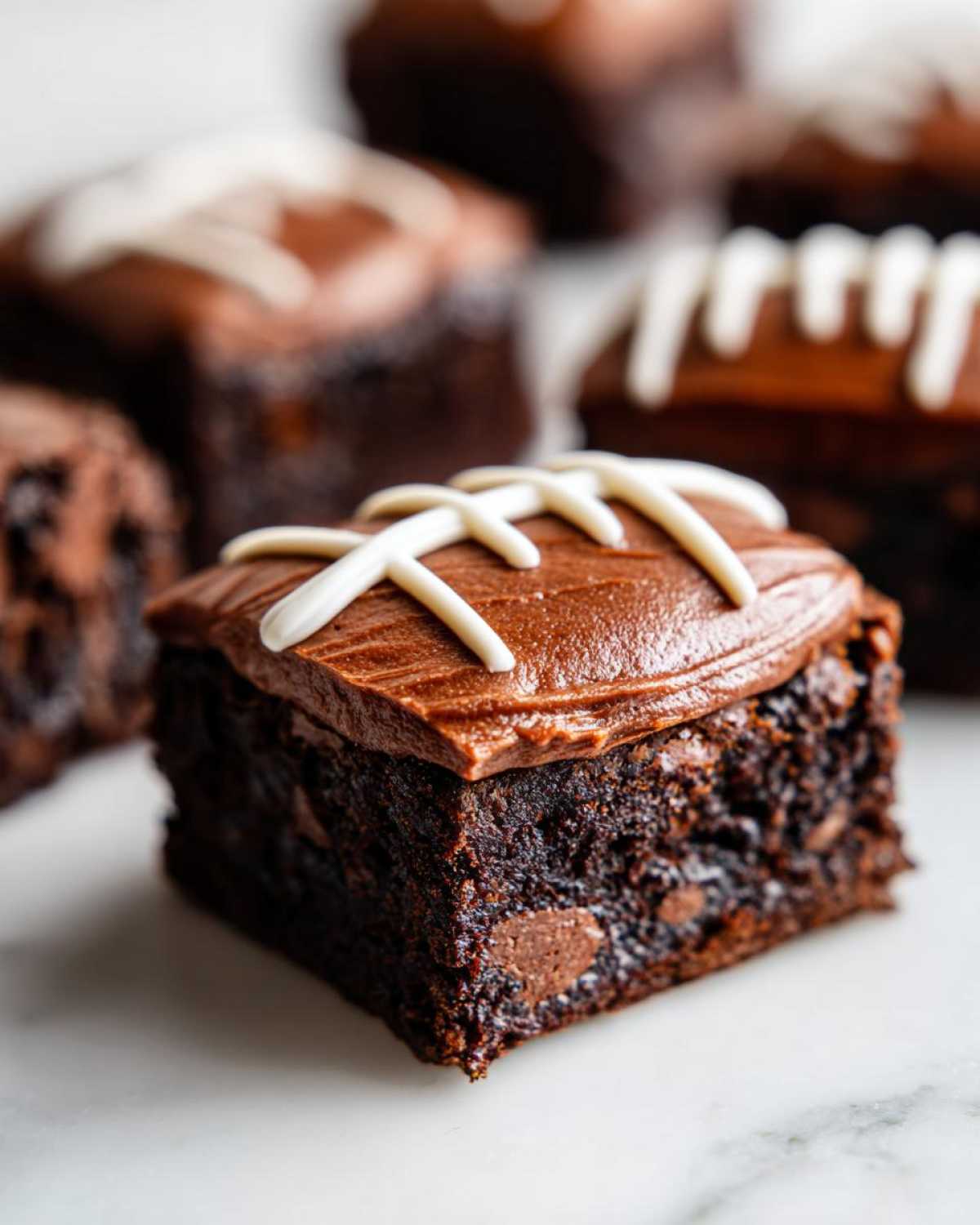A close-up of a fudgy football brownie topped with chocolate frosting and white icing laces.