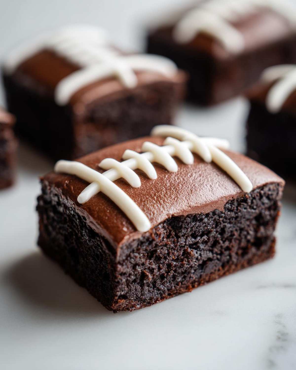 A close-up of a fudgy football brownie decorated with white icing laces, sitting on a marble surface.