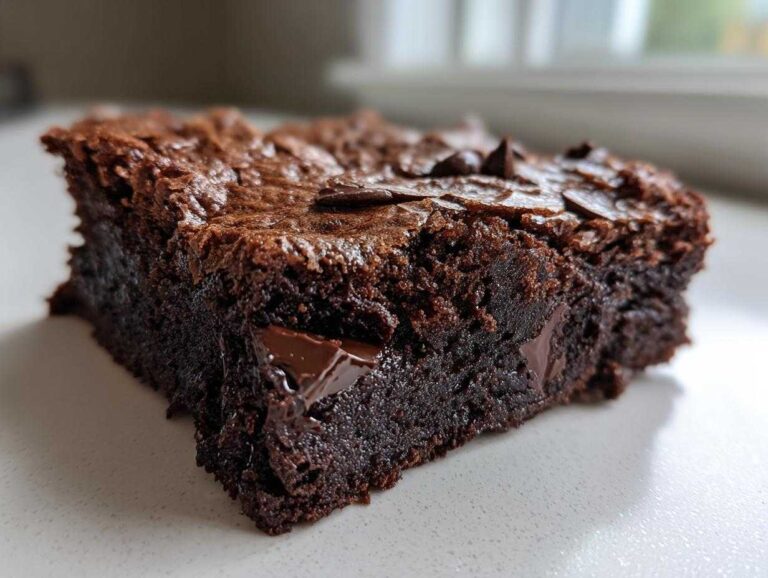 A close-up, low-angle shot of a single, rich, fudgy black bean brownies square with melted chocolate chips visible.