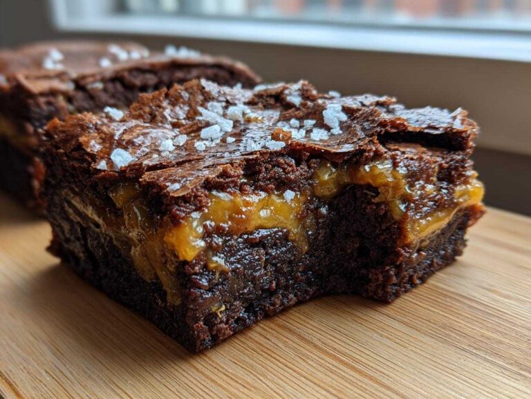 Close-up of a fudgy caramel brownie slice showing a gooey caramel layer and flaky sea salt.
