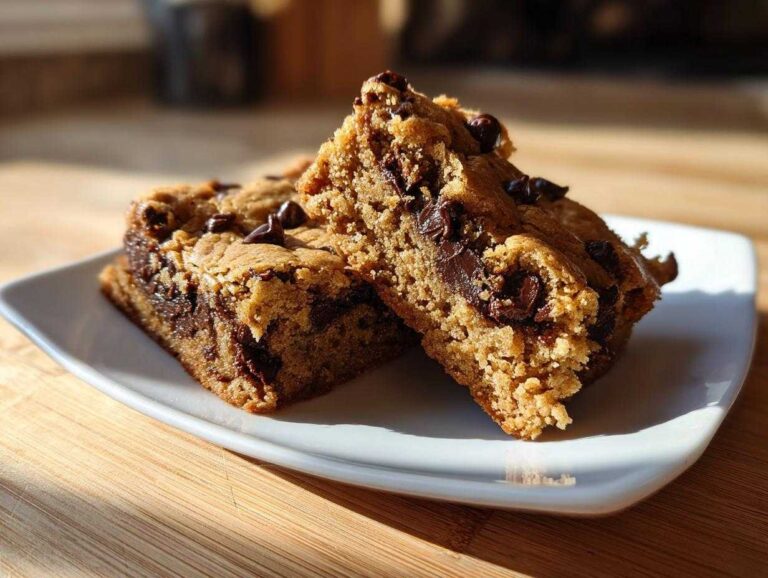 Two thick, fudgy chocolate chip cookie bars stacked slightly on a white plate, highlighting the gooey center.