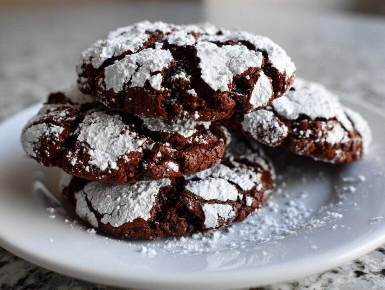 A stack of rich, dark chocolate crinkle cookies generously dusted with white powdered sugar on a white plate.