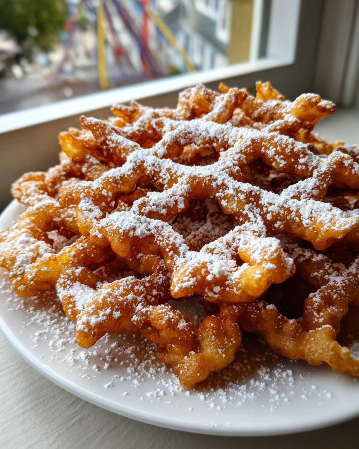 A close-up of golden brown funnel cake recipe pieces piled high on a white plate and dusted heavily with powdered sugar.
