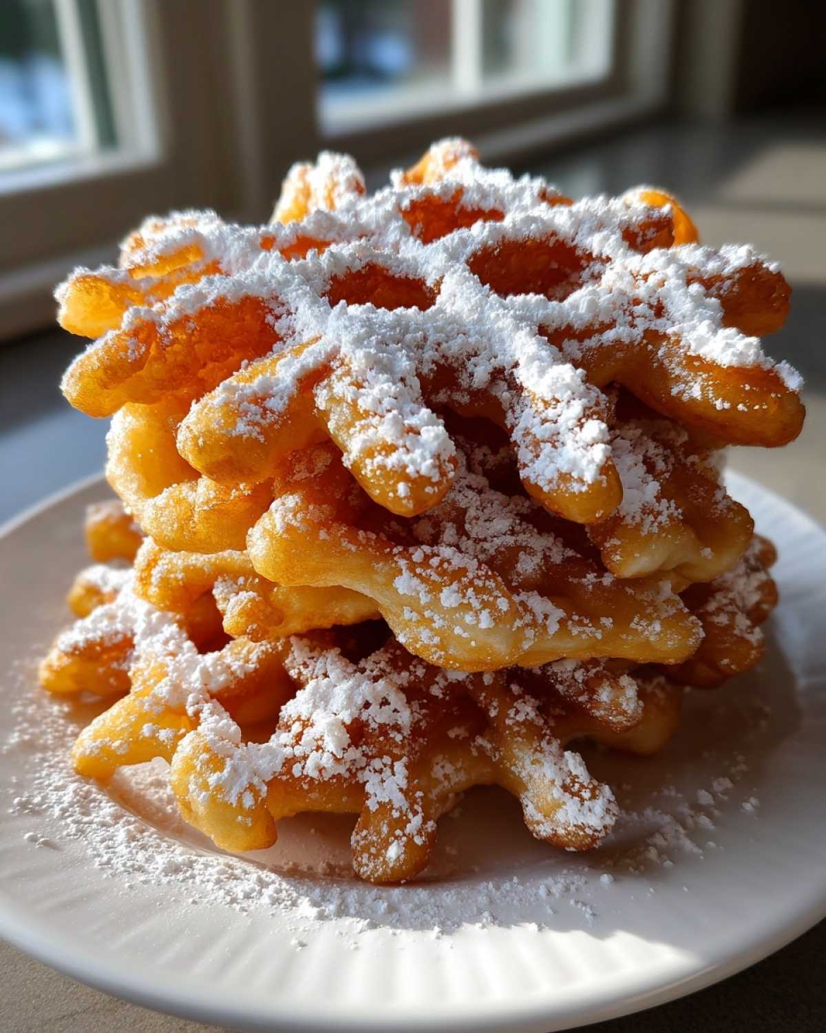 A tall stack of golden, deep-fried funnel cake recipe treats generously dusted with powdered sugar.
