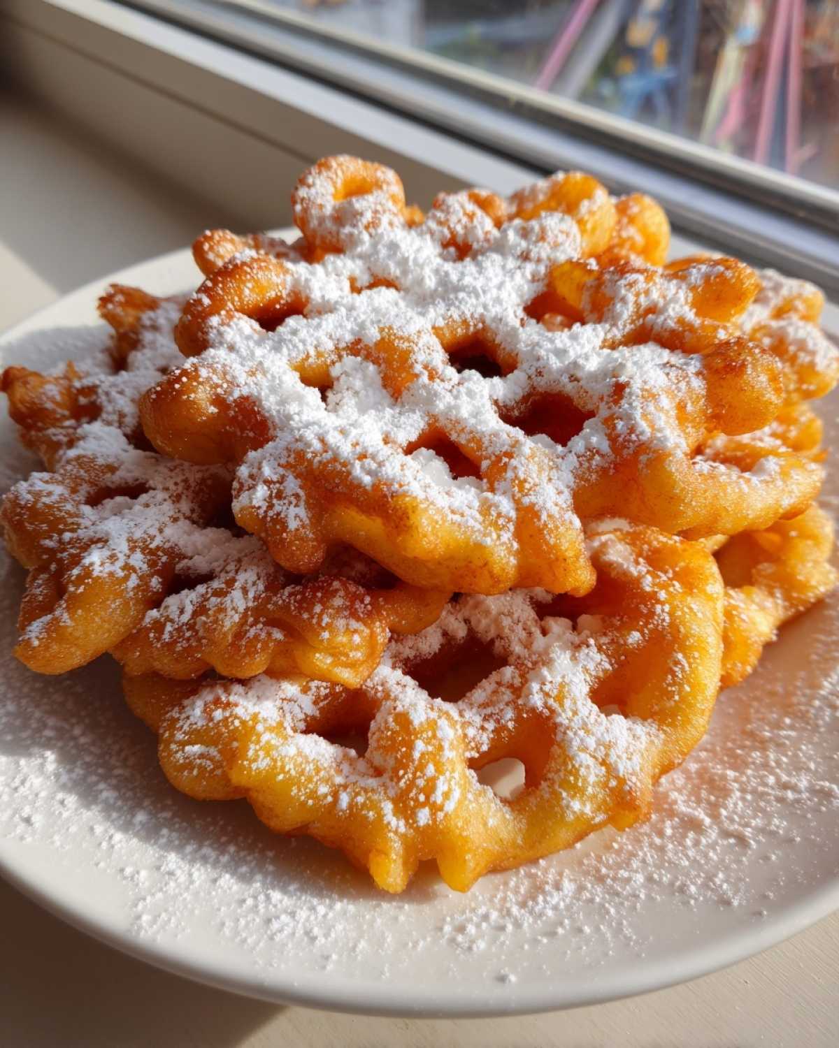 A stack of freshly fried, golden funnel cake recipe treats heavily dusted with white powdered sugar on a white plate.