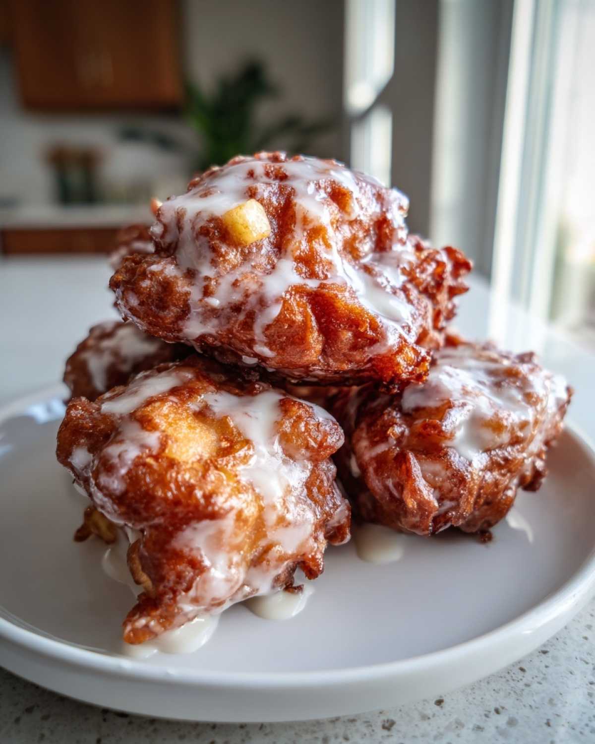 A stack of golden brown, freshly fried apple fritter pastries drizzled with thick white glaze.