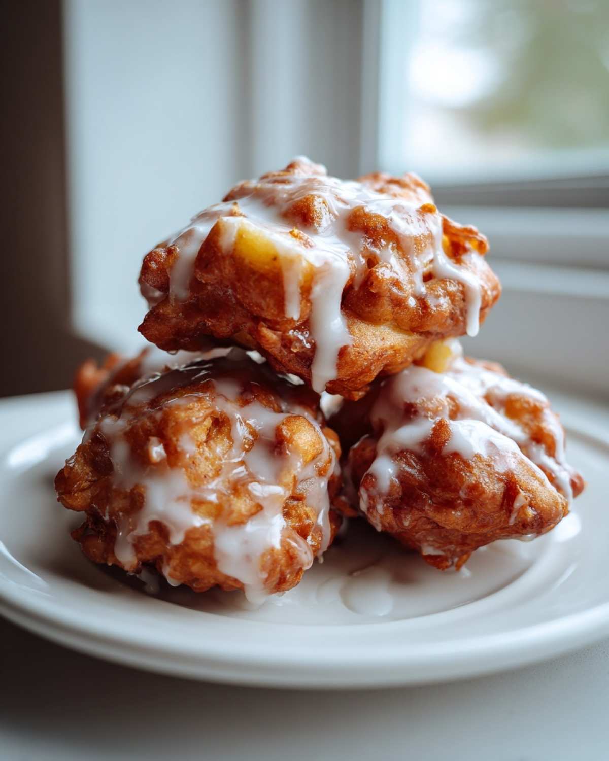 A stack of three golden brown, glazed apple fritter pastries piled on a white plate.