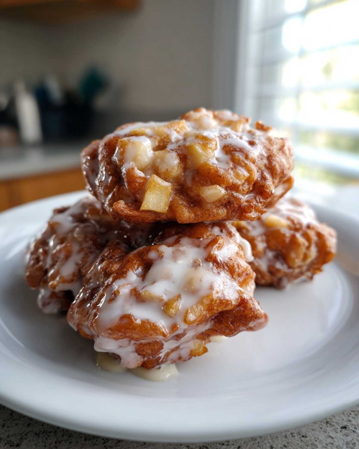Close-up of a stack of three golden brown apple fritter pastries drizzled with white vanilla glaze.