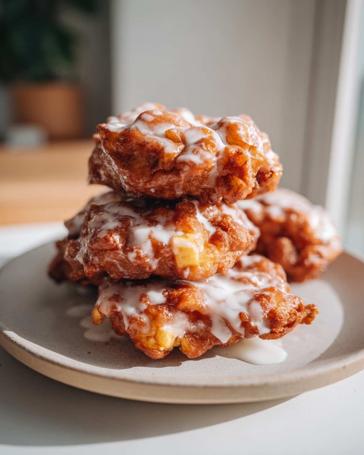 A stack of three golden brown, freshly fried apple fritter pastries drizzled with white glaze.