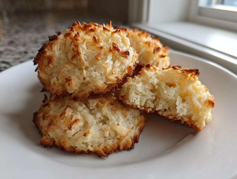 Three golden brown, chewy coconut cookies stacked on a white plate, one broken open to show the texture.