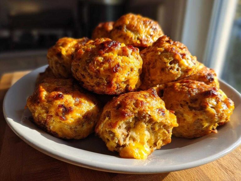 A stack of golden brown cream cheese sausage balls on a light gray plate, one is broken open showing melted cheese.