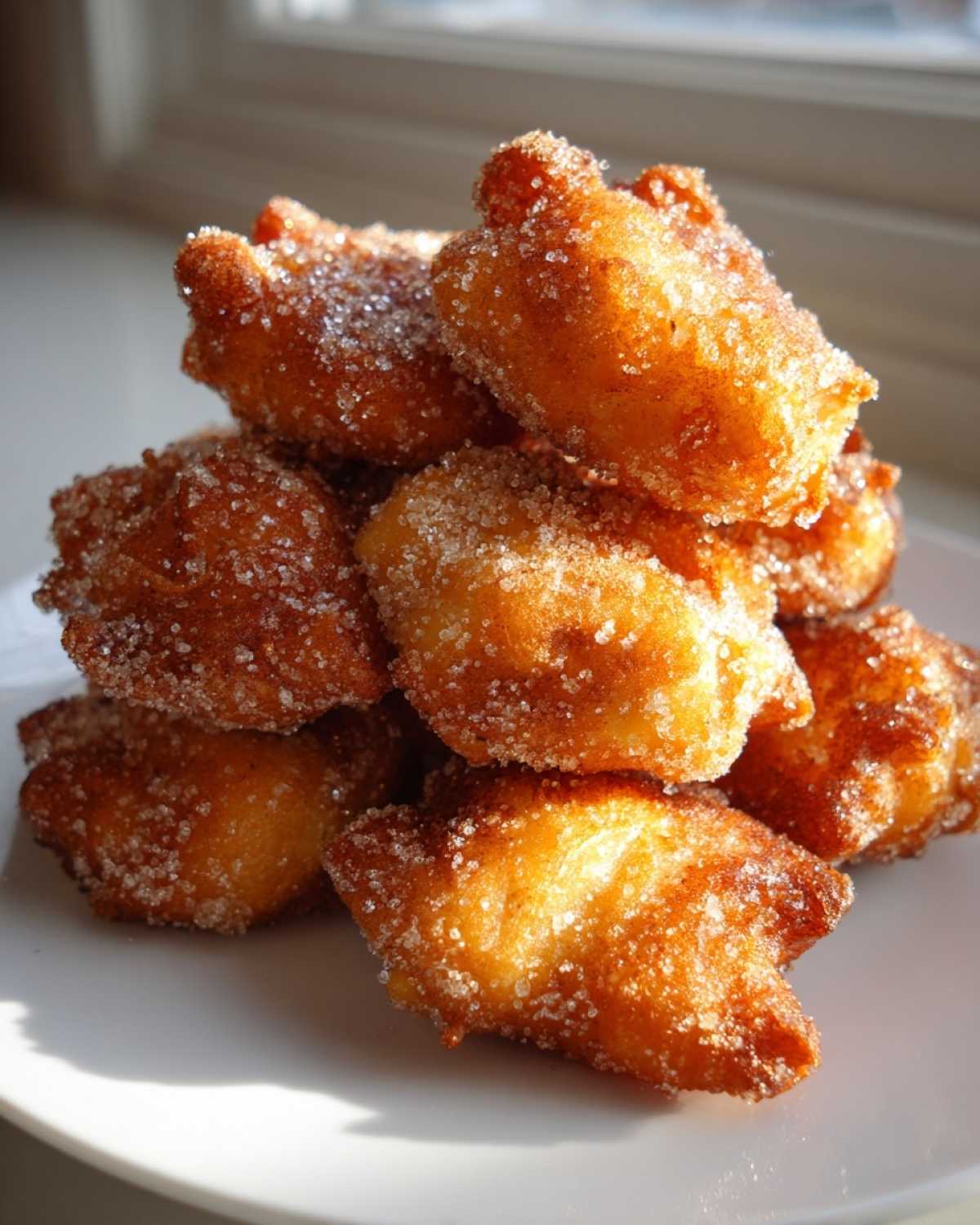 A stack of golden brown, freshly fried buñuelos generously coated in sparkling cinnamon sugar.