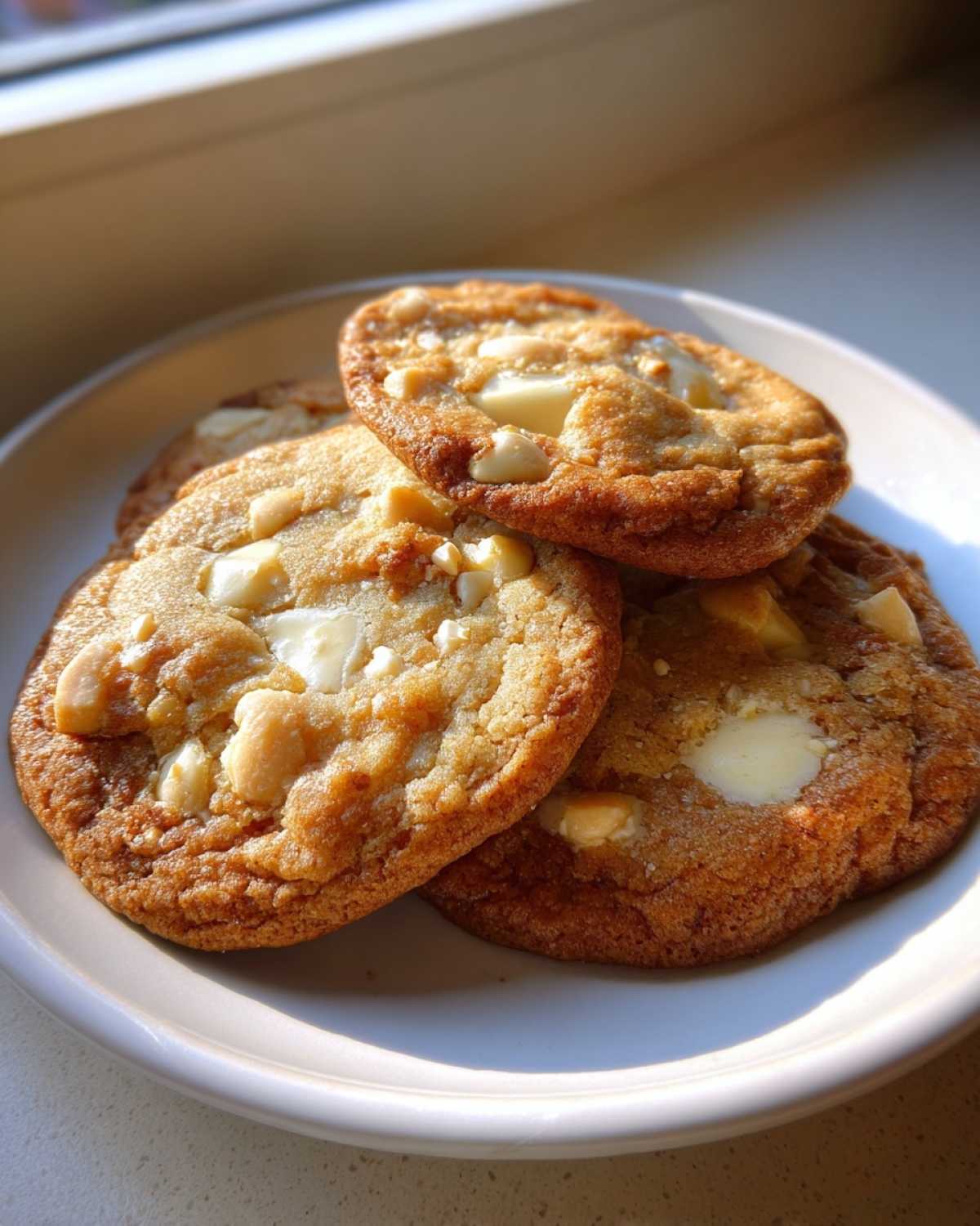 Close-up of golden brown macadamia nut cookies with white chocolate chunks stacked on a white plate.
