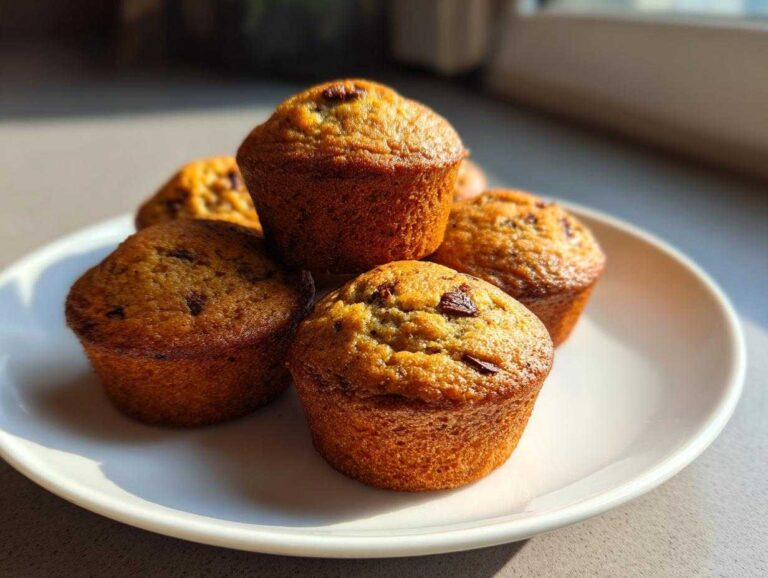 A stack of five golden brown mini banana muffins with chocolate chips resting on a white plate.