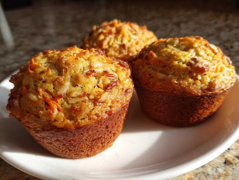 Close-up of three golden brown morning glory muffins featuring visible shreds of carrot and coconut.