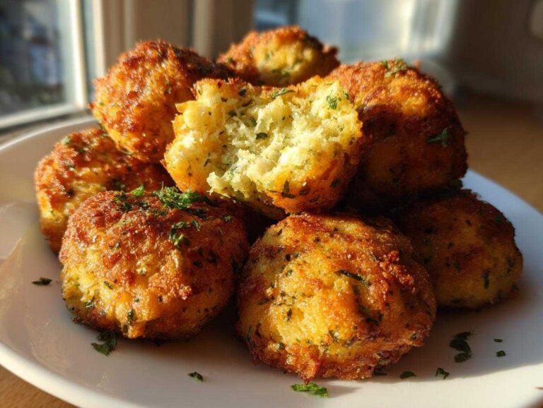 A close-up of golden brown, crispy stuffing balls piled on a white plate, one is broken open showing the soft interior.