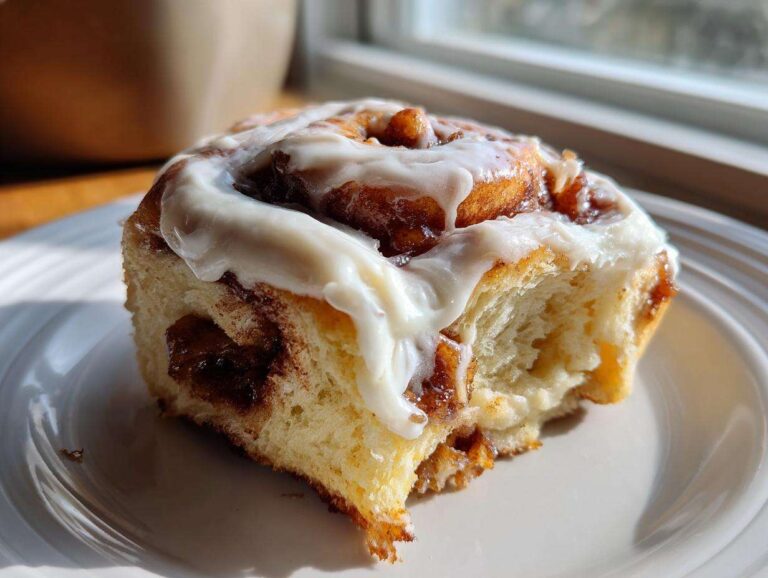 A close-up of a soft, gooey cinnamon roll topped with thick white frosting, showing the fluffy interior.