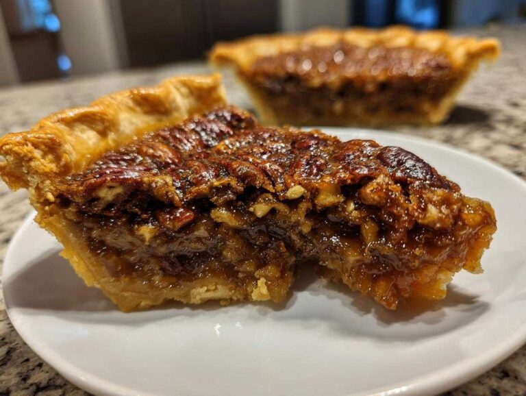 Close-up of a gooey slice of pecan pie showing the rich filling and flaky crust.
