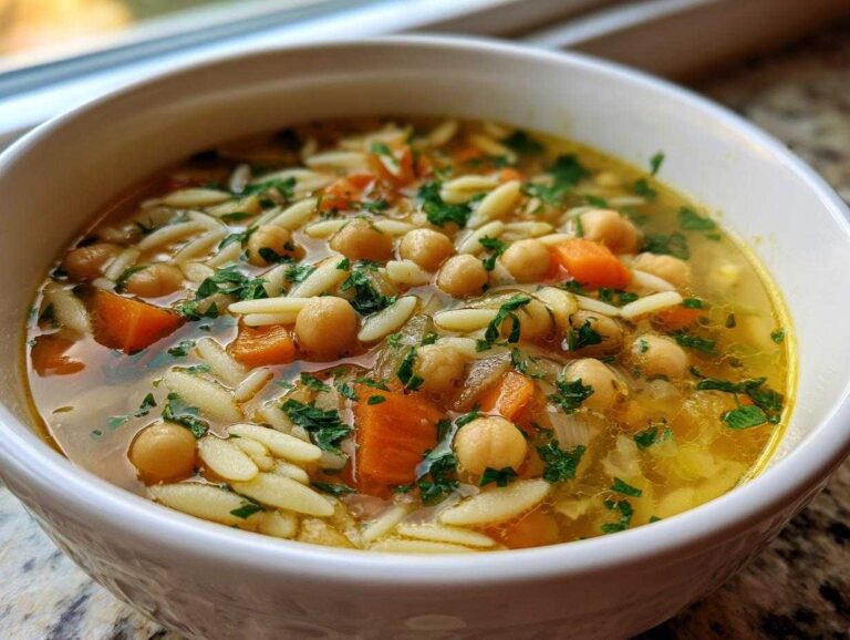 Close-up of a white bowl filled with vibrant greek chickpea soup, featuring chickpeas, carrots, orzo, and fresh parsley.