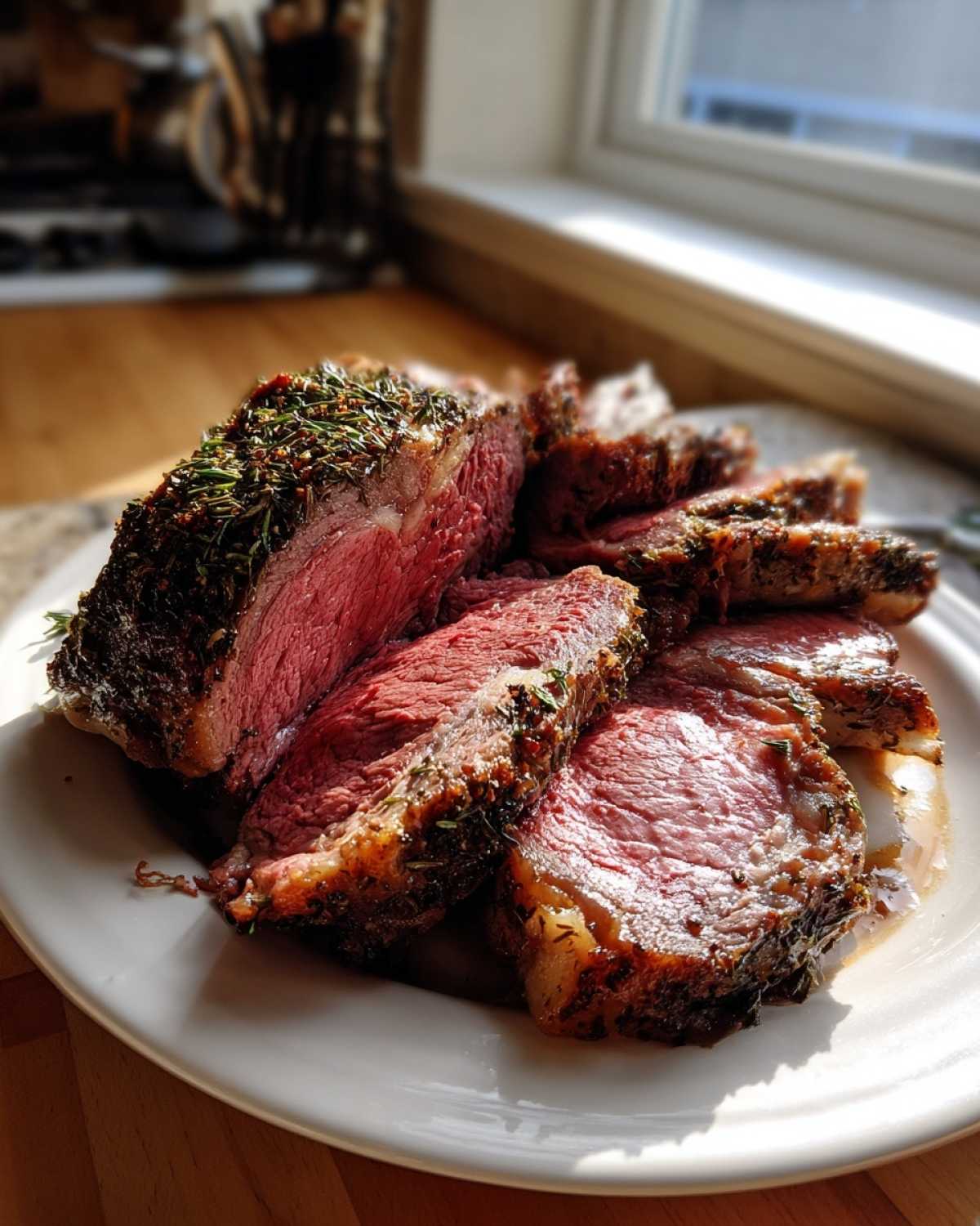 Slices of medium-rare, herb-crusted rib roast resting on a white plate, showing a beautiful pink interior.