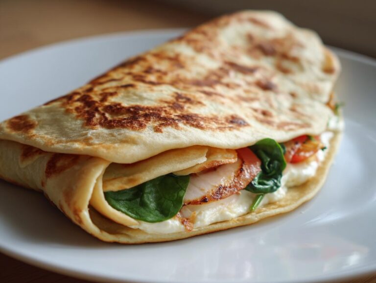 A folded, golden-brown cottage cheese wrap filled with sliced turkey, fresh spinach, and a creamy white spread.