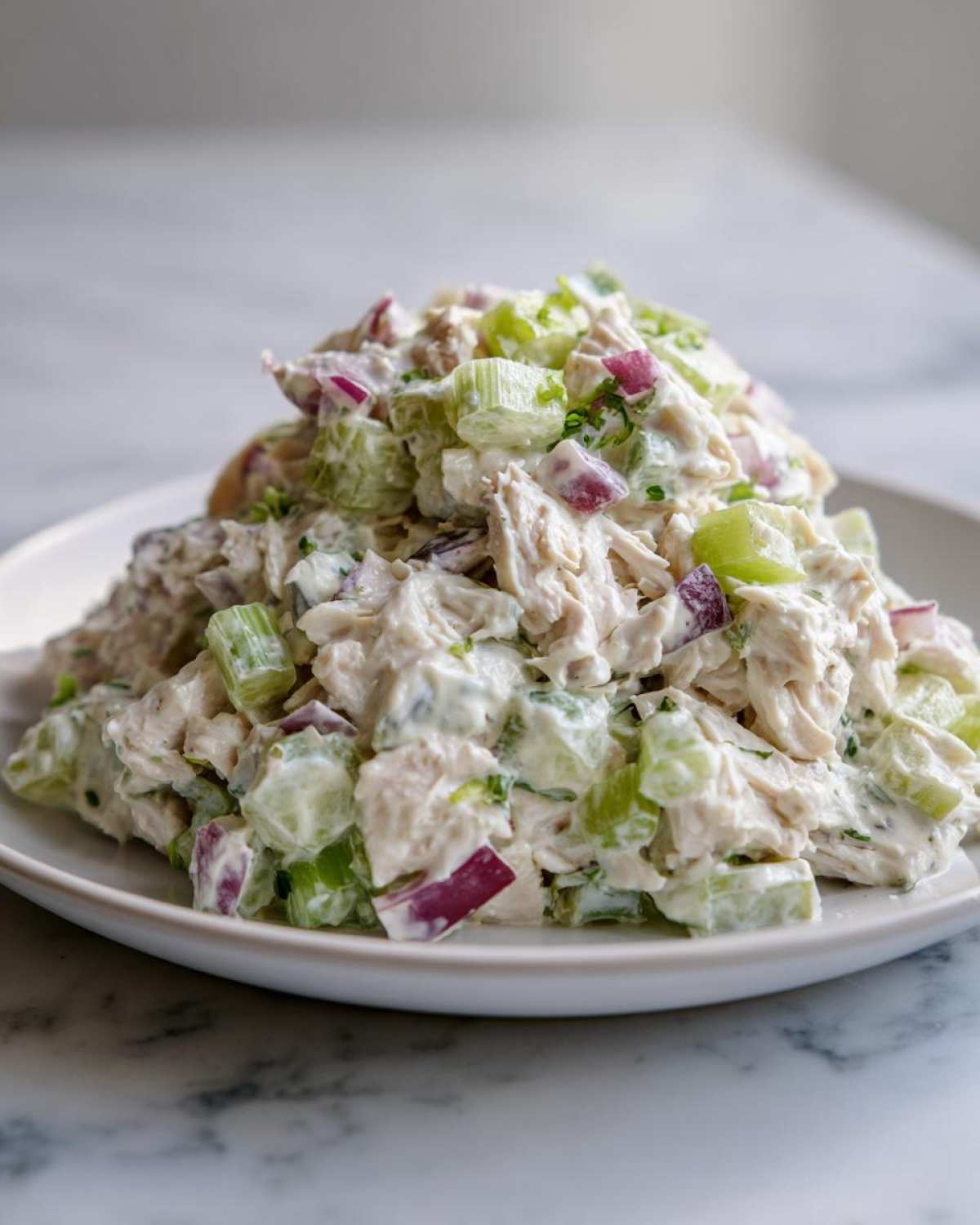 A mound of creamy chicken protein salad mixed with chopped celery and red onion served on a white plate.