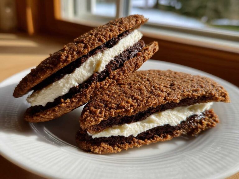 Two rich, dark oatmeal cream pies filled with thick white frosting sitting on a white plate.
