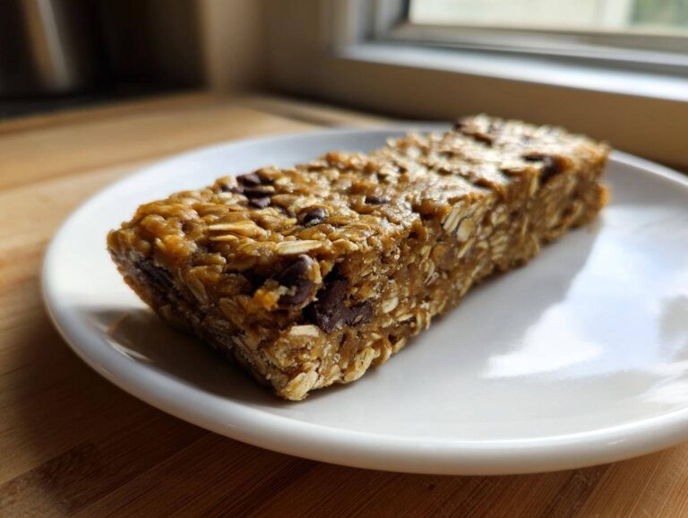 Close-up of a homemade, chewy protein bar packed with oats and chocolate chips, resting on a white plate.