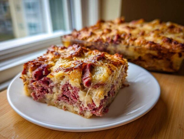 A square slice of homemade reuben bake, rich with corned beef and cheese, served on a white plate.