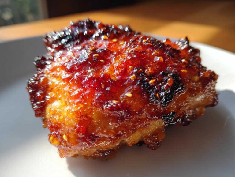 Close-up of a piece of hot honey chicken with a thick, glossy, caramelized glaze and sesame seeds.