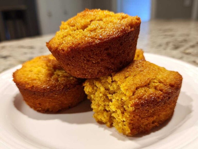 Close-up of three golden brown hot water cornbread pieces stacked on a white plate.